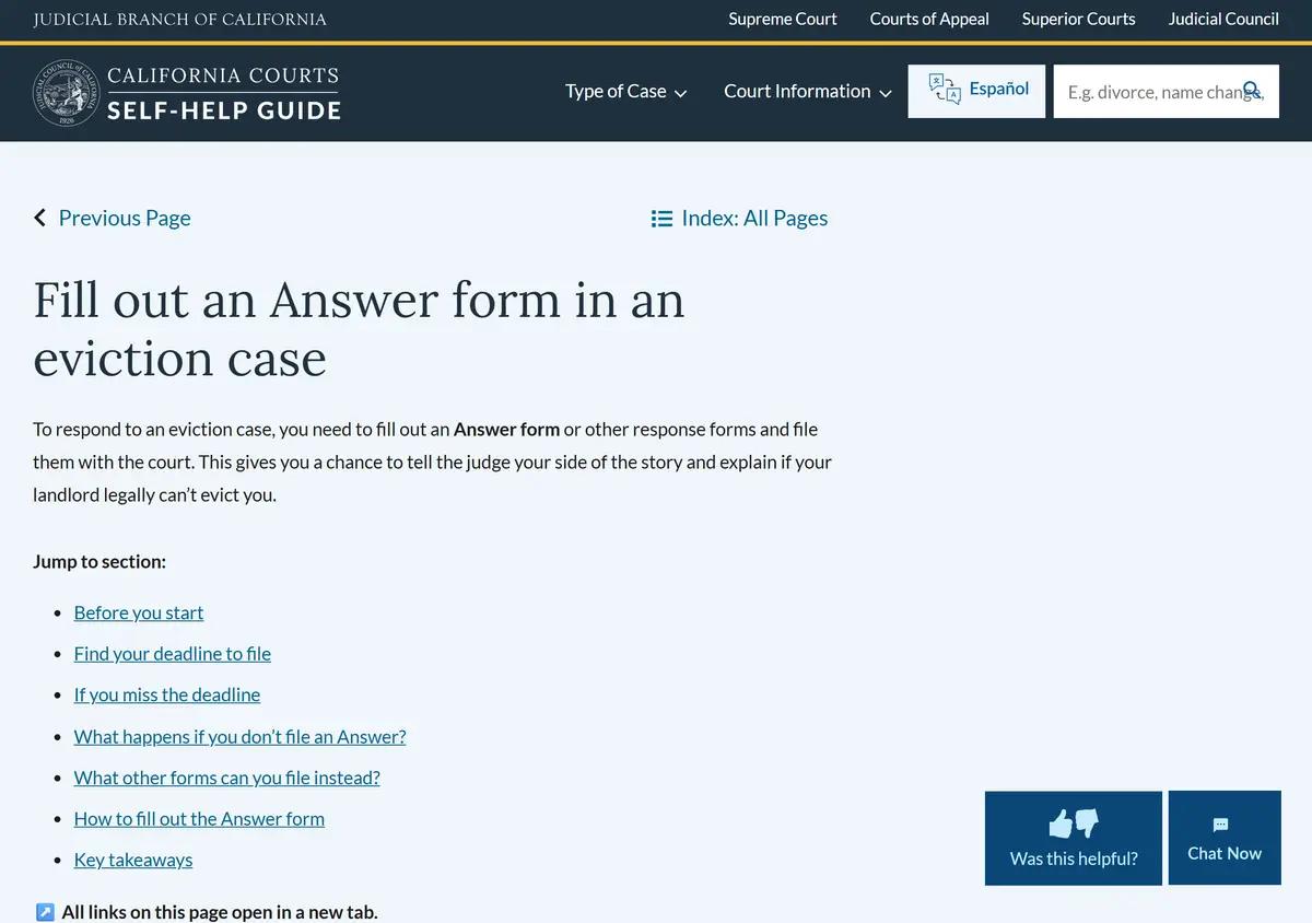 The California Courts page on how a tenant responds to an eviction.