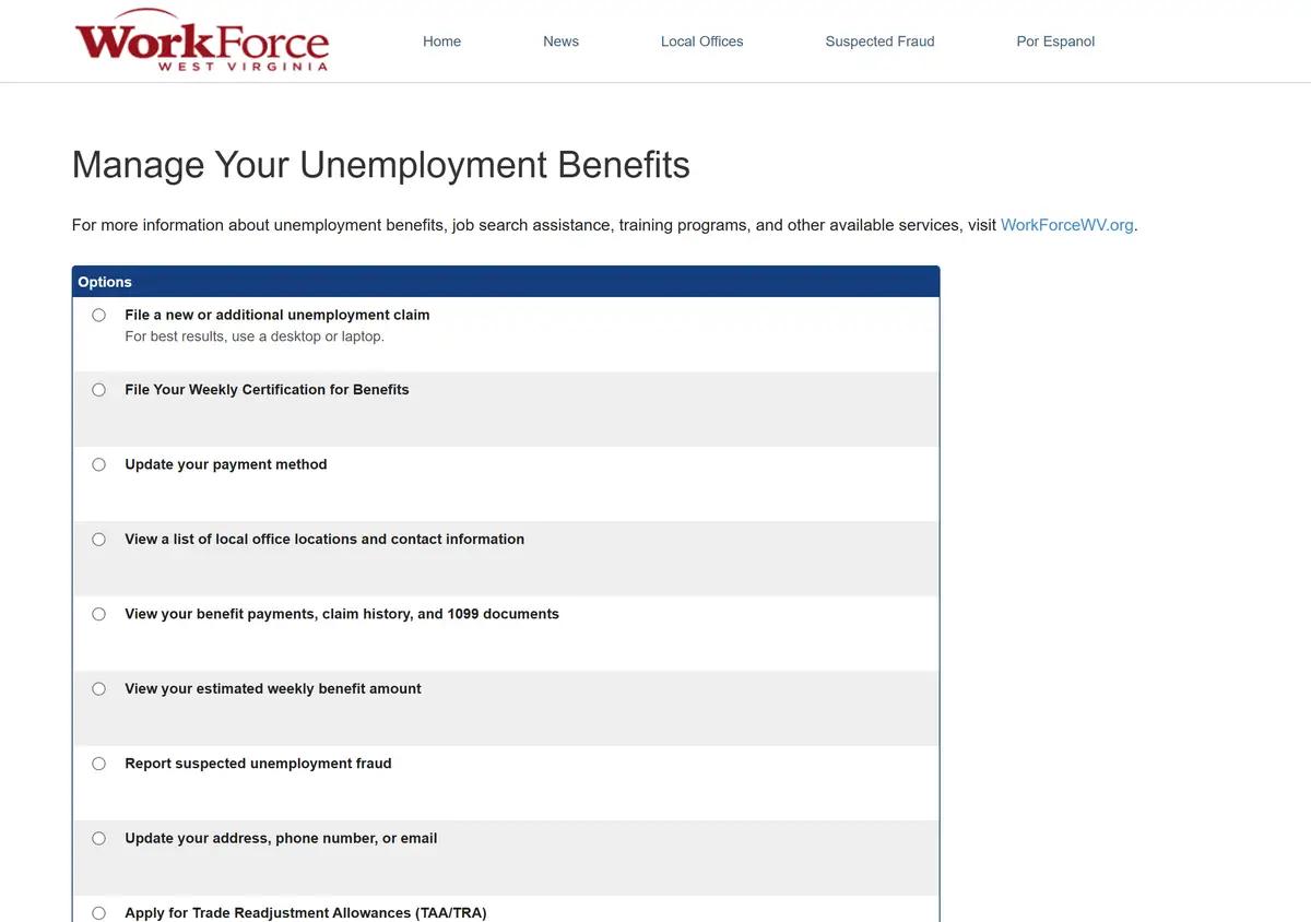 The WorkForce West Virginia online claimant portal.
