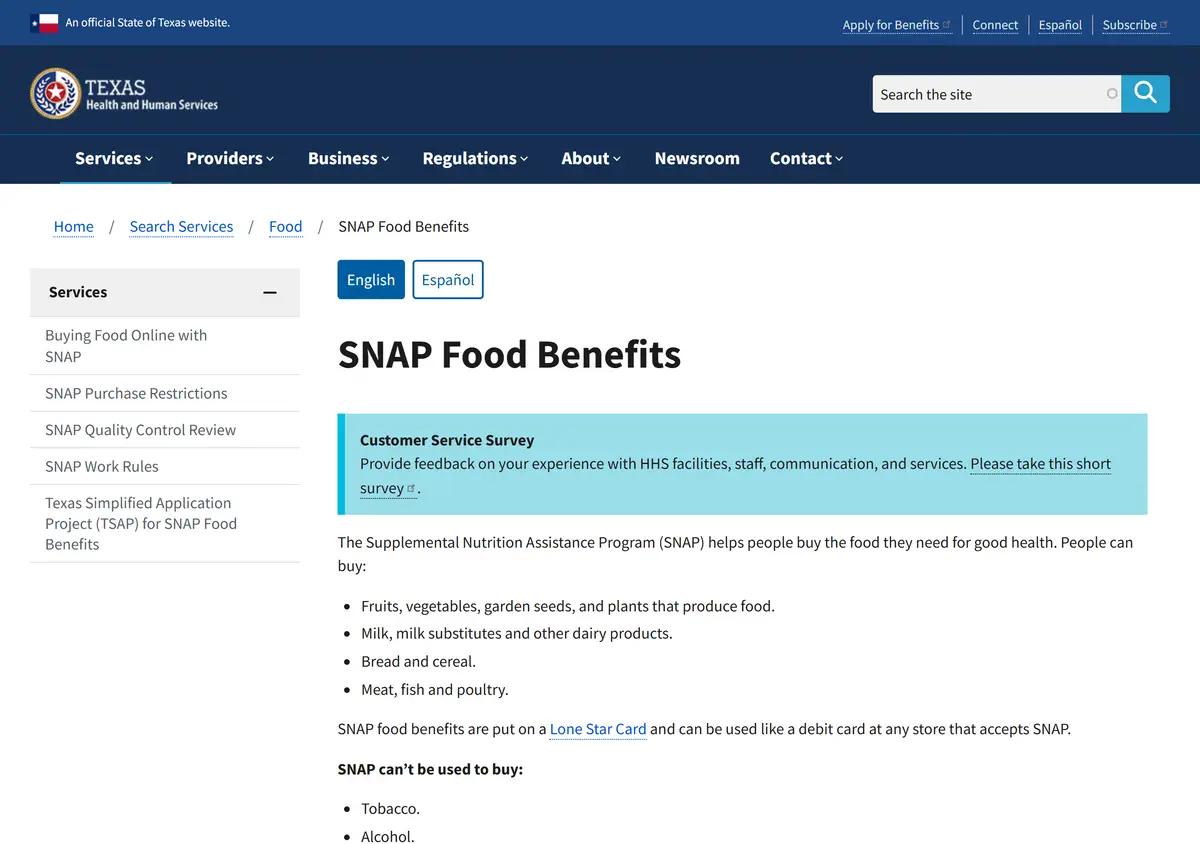 The Texas SNAP food benefits page.