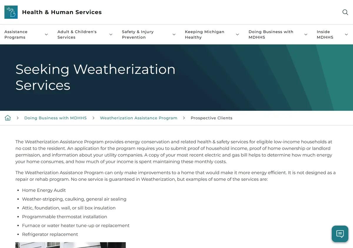 The MDHHS weatherization assistance program page.