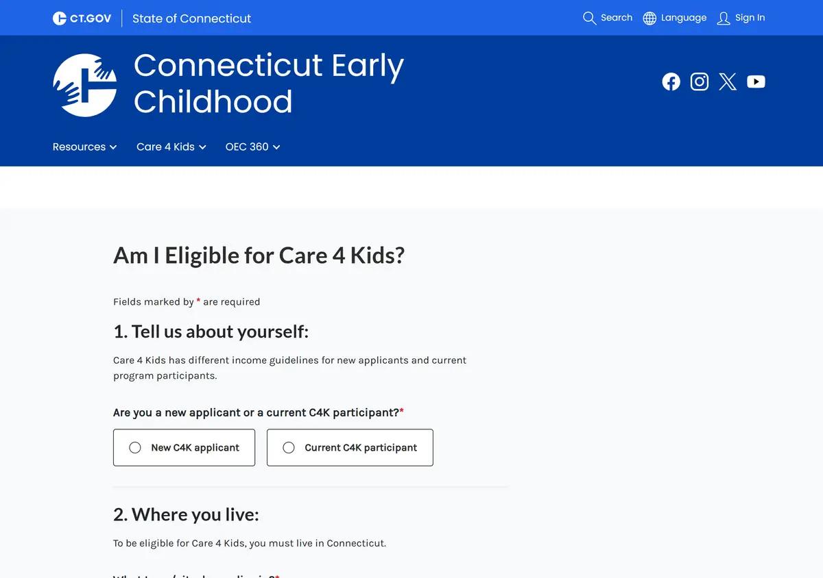 The Care 4 Kids online eligibility portal.