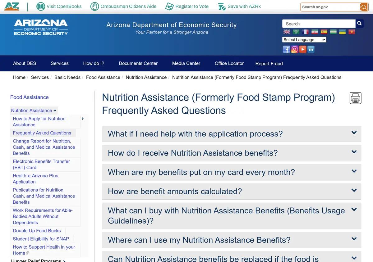The DES Nutrition Assistance FAQ page with benefit amounts.