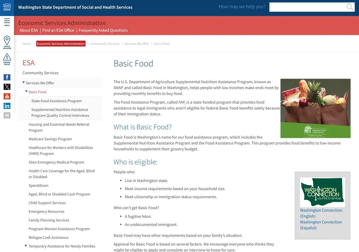 The DSHS Basic Food program page.