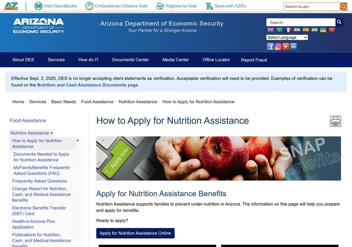 The DES how-to-apply page for Nutrition Assistance.