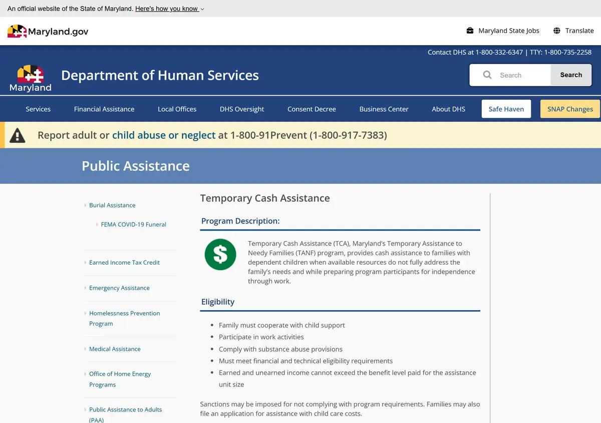 The Maryland DHS Temporary Cash Assistance page.
