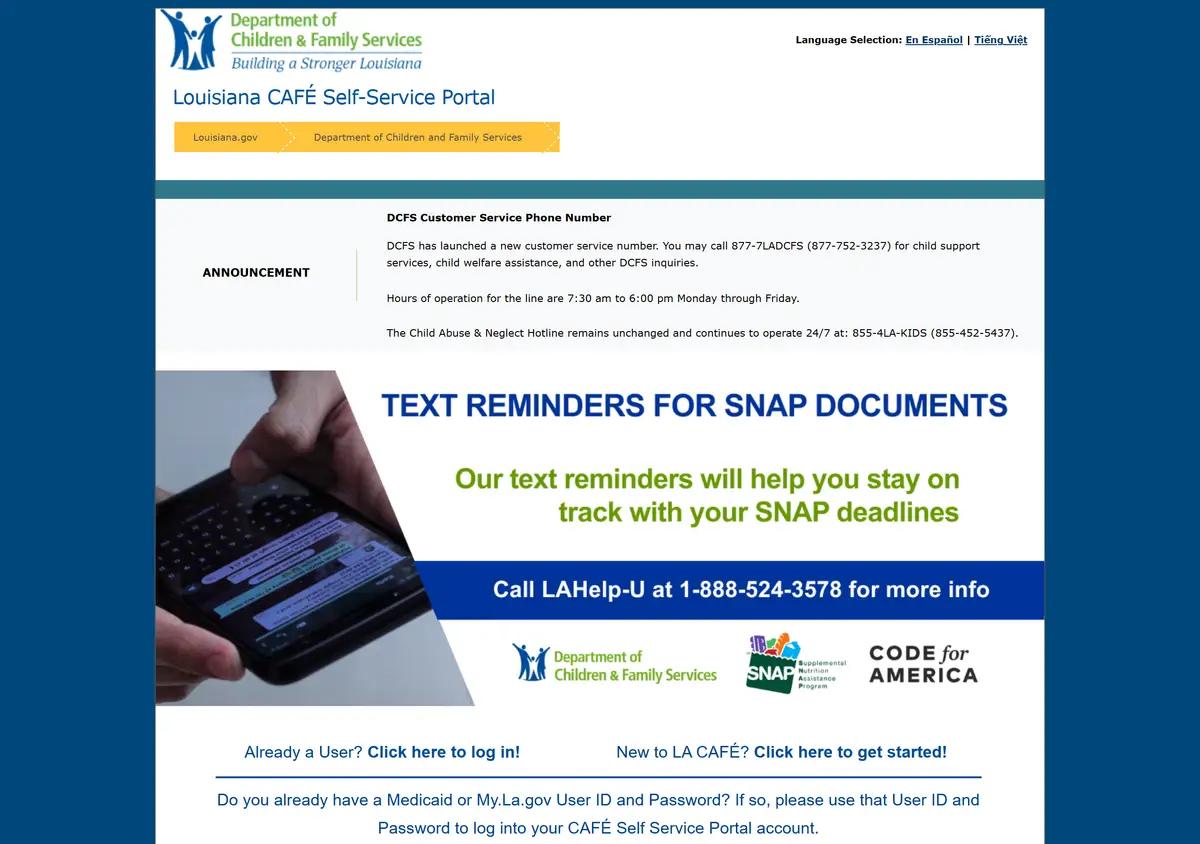 The LA CAFE self-service benefits portal.