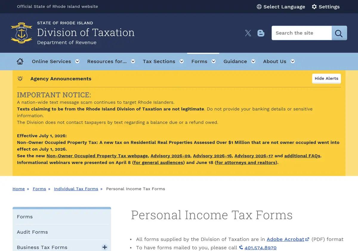 The Rhode Island personal income tax forms page.