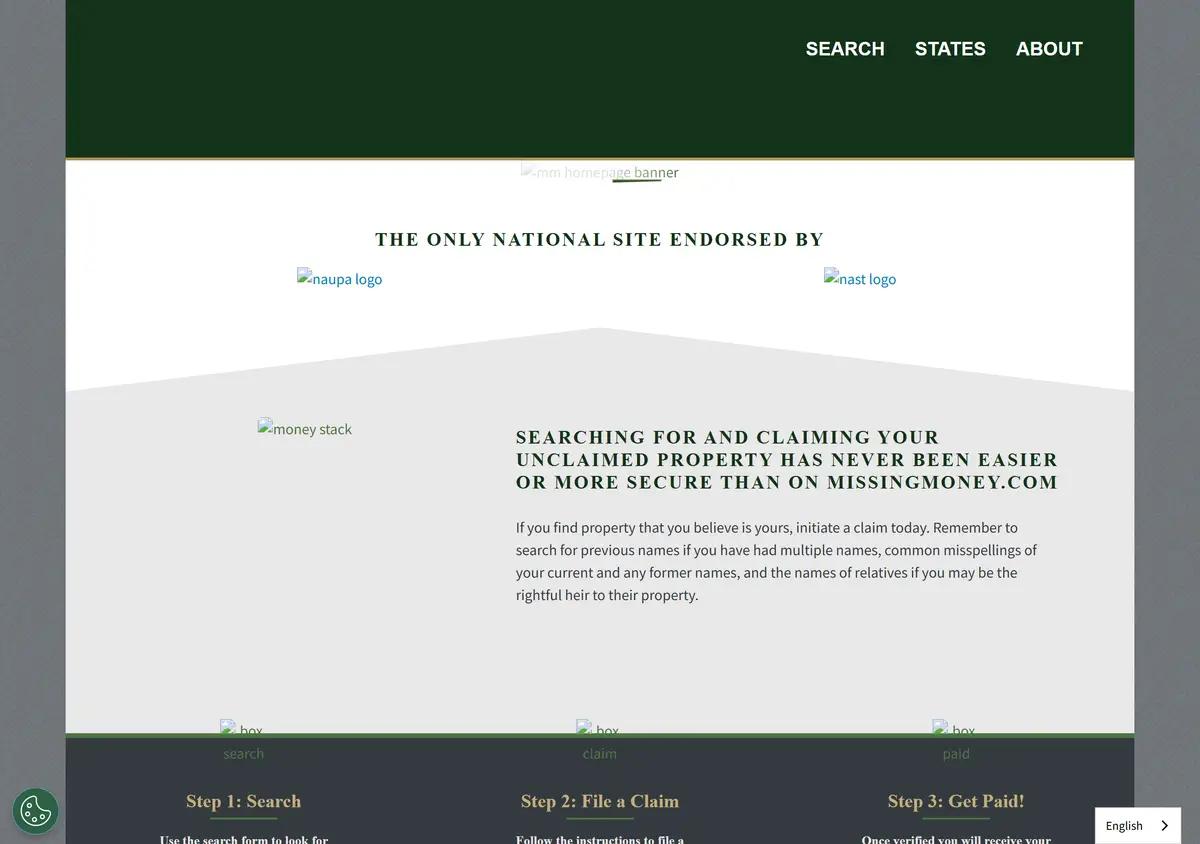 The MissingMoney.com search page.