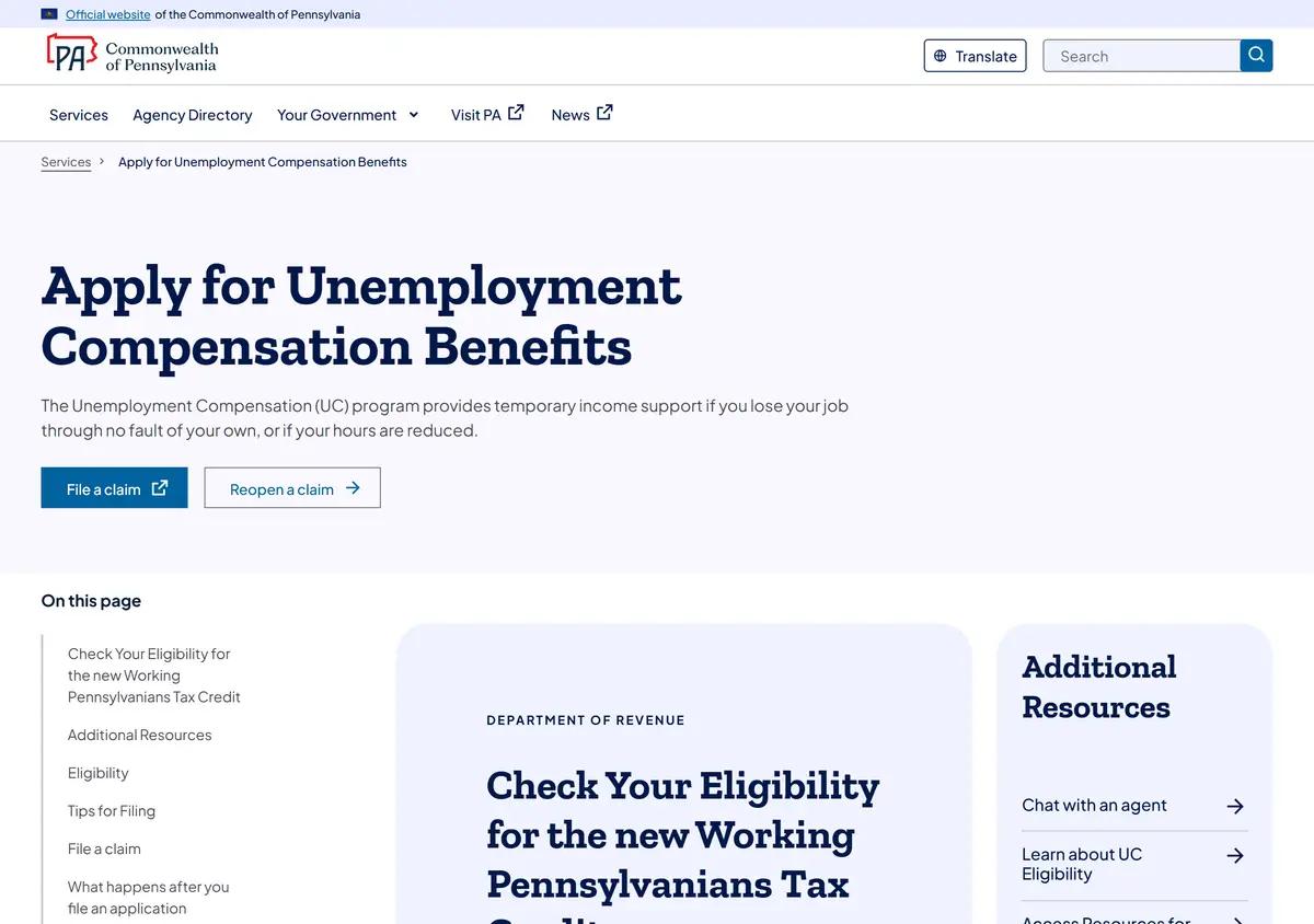 The pa.gov apply-for-unemployment-compensation page linking to benefits.uc.pa.gov.