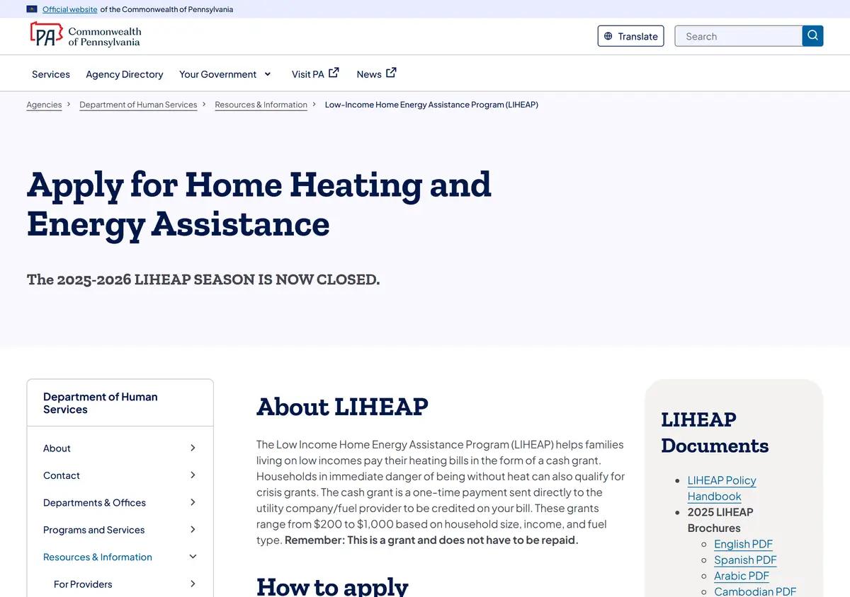 The Pennsylvania DHS LIHEAP program page with season dates and income limits.