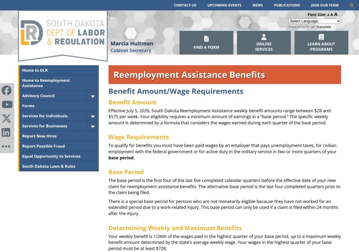 The South Dakota DLR wage requirements page.