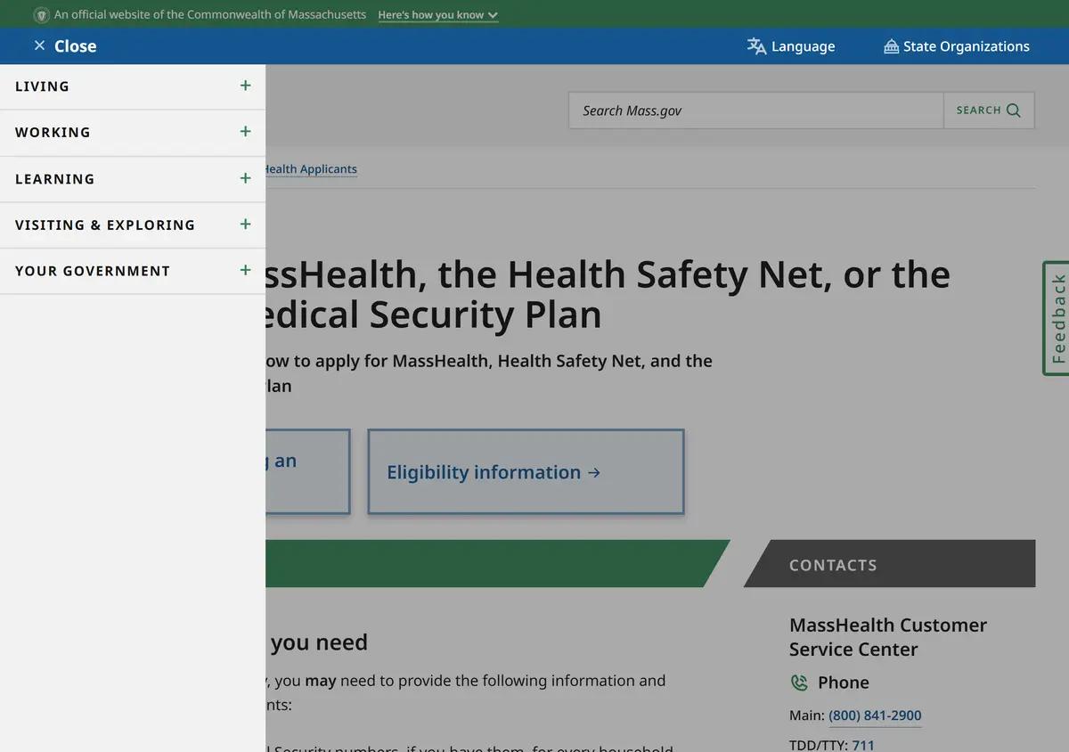 The Massachusetts apply-for-MassHealth page.