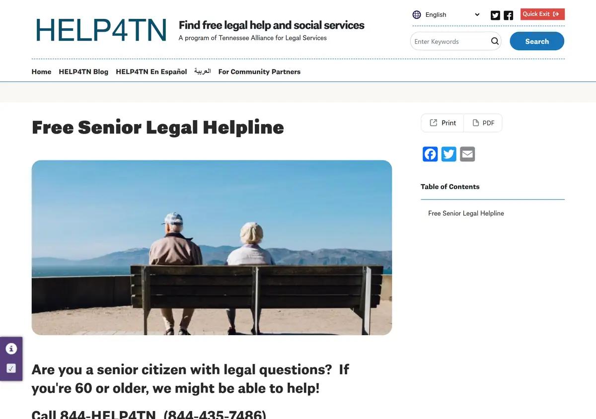 The Help4TN free senior legal helpline page.