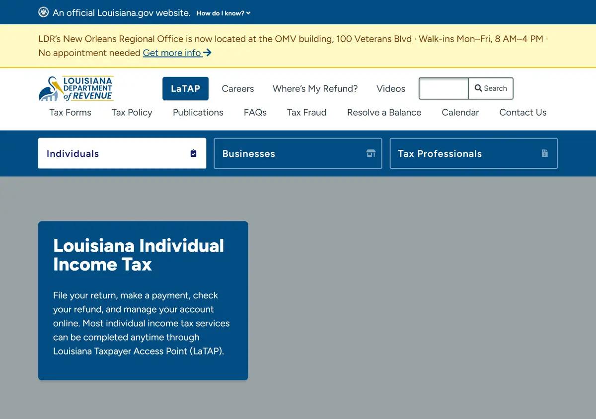 The Louisiana Department of Revenue individuals page.