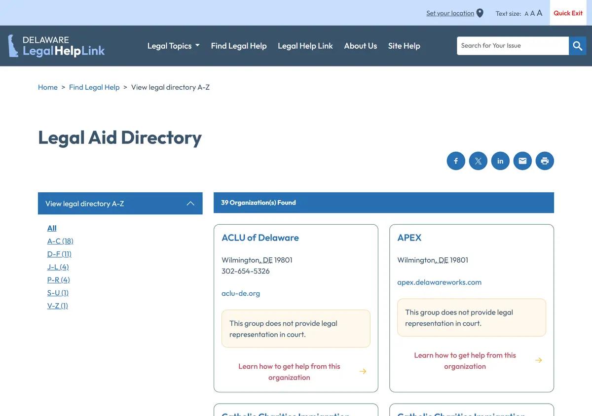 The Delaware Legal Help Link find-legal-help directory.