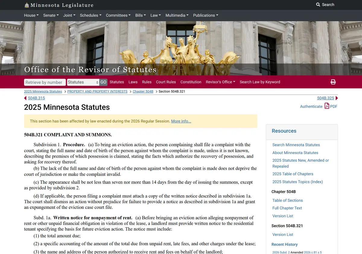Minnesota Statutes section 504B.321 on eviction actions.
