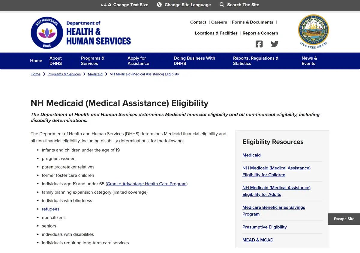 The New Hampshire DHHS Medicaid eligibility page.