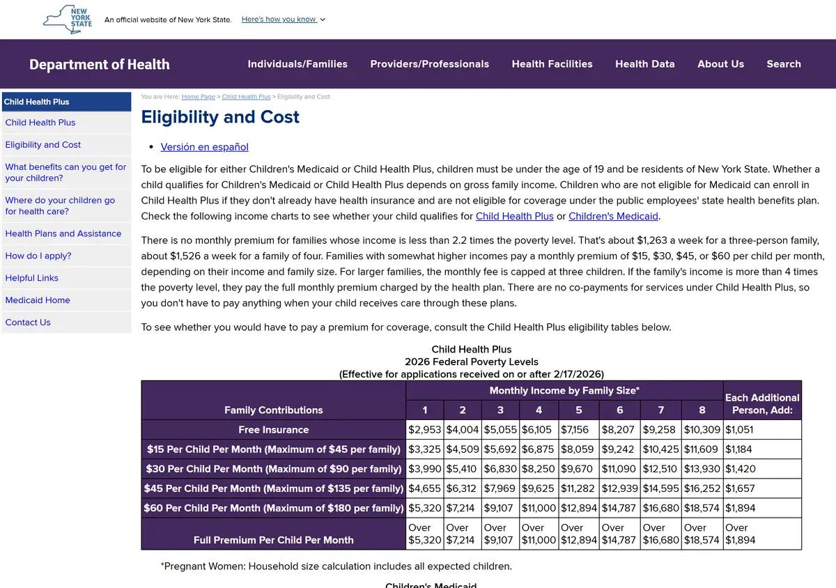 The NYS Department of Health Child Health Plus eligibility and cost page showing the 2026 premium table.