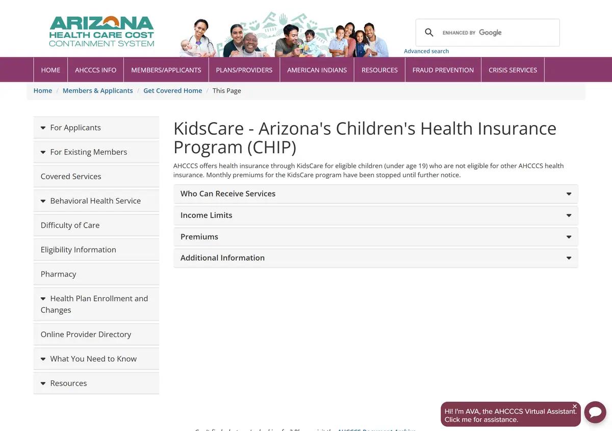 The AHCCCS KidsCare page with income limits and the premium suspension notice.