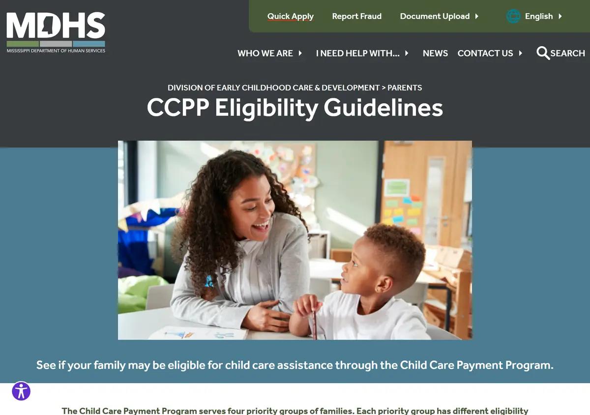 The Mississippi MDHS Child Care Payment Program eligibility page.