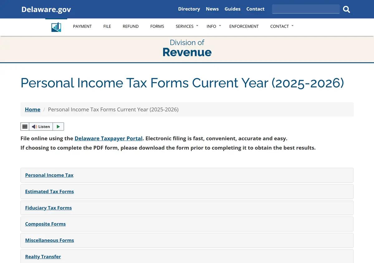 The Delaware personal income tax forms page.
