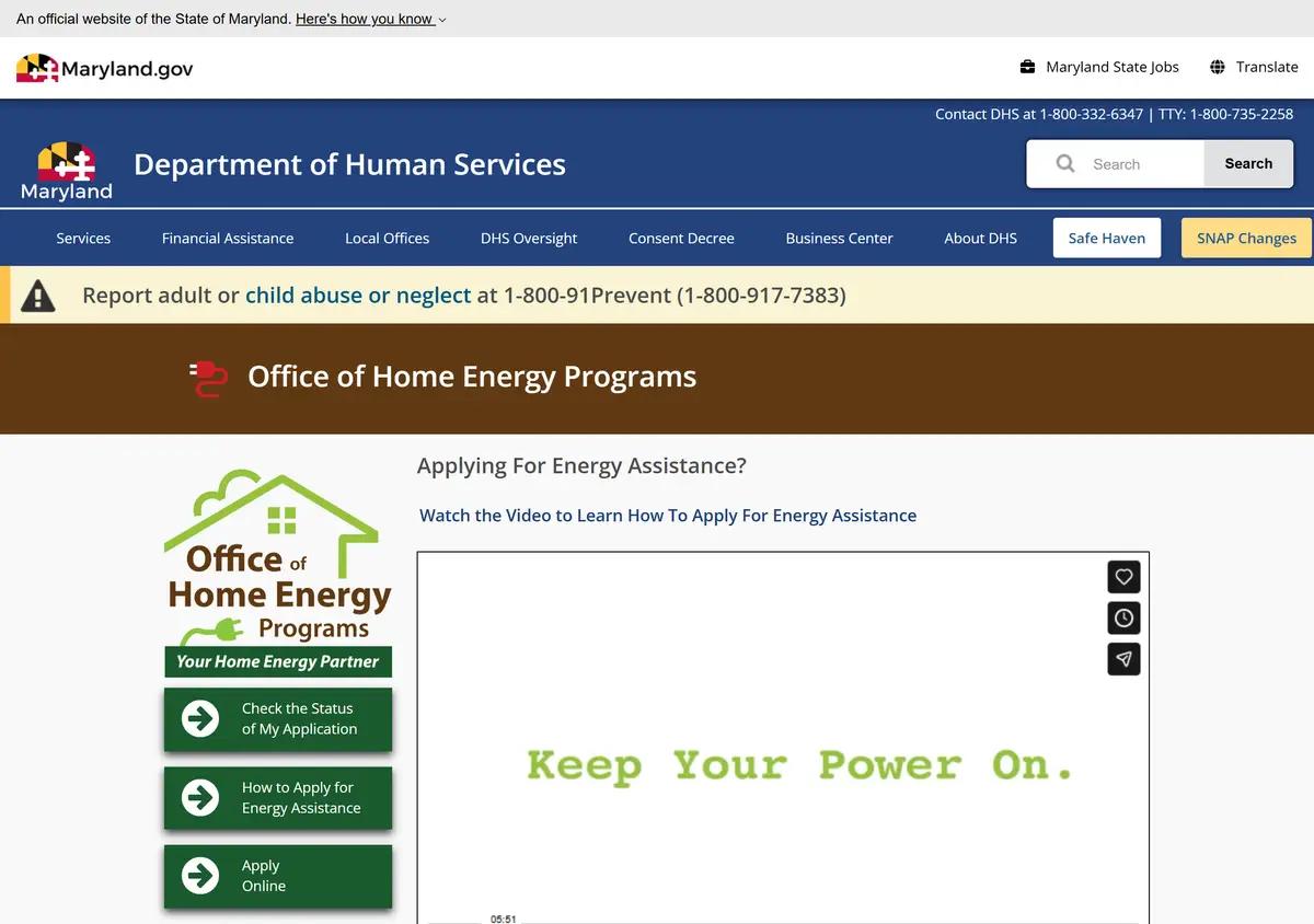 The Maryland DHS Office of Home Energy Programs page.