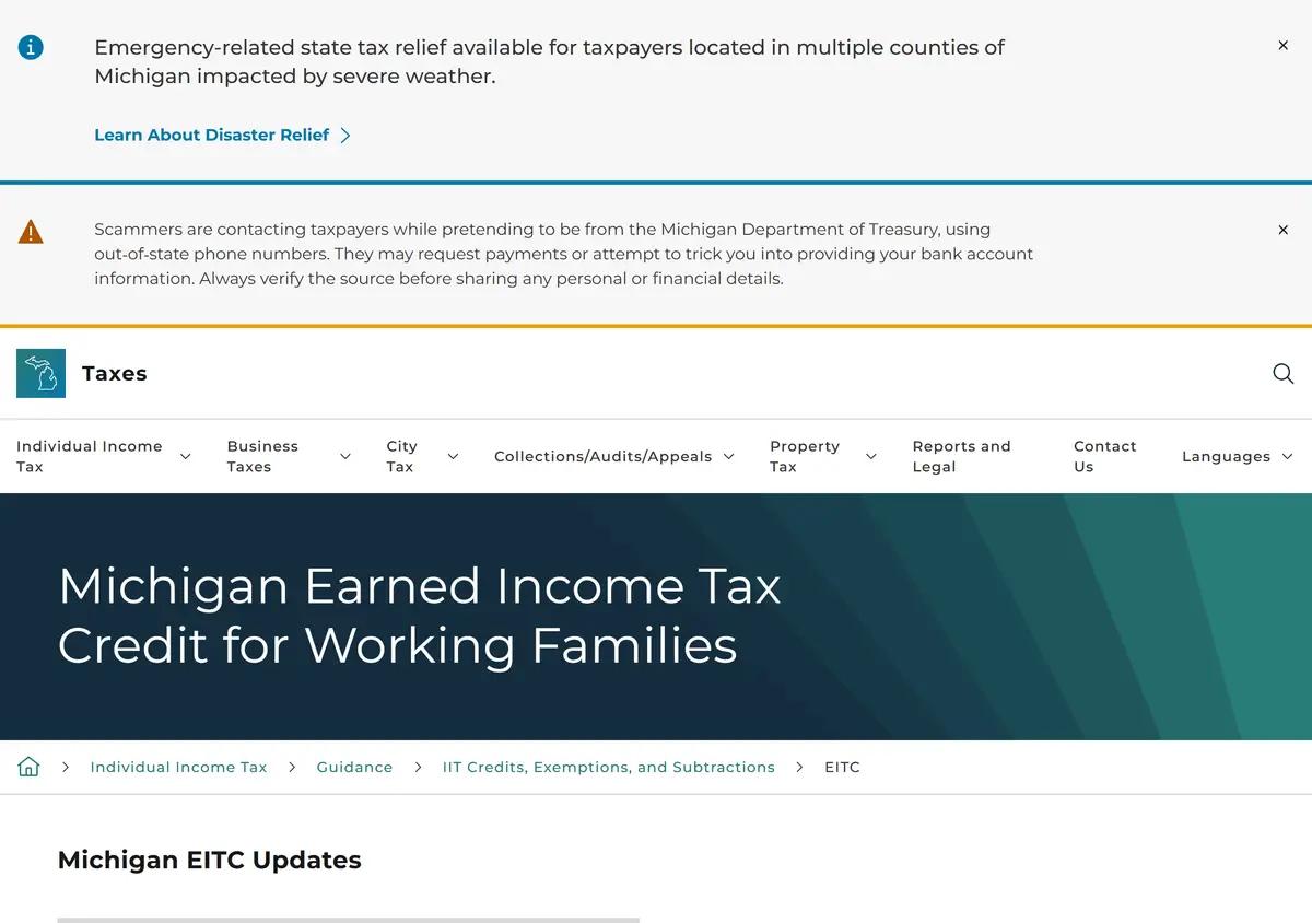 The Michigan Treasury EITC for Working Families page.
