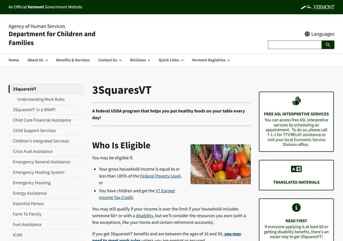 The Vermont 3SquaresVT program page.