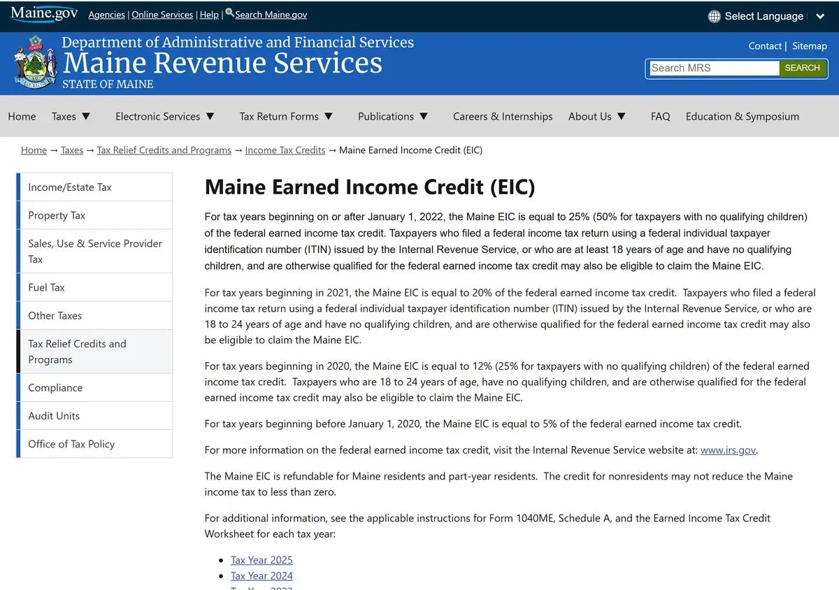 Maine Revenue Services' Earned Income Credit page.