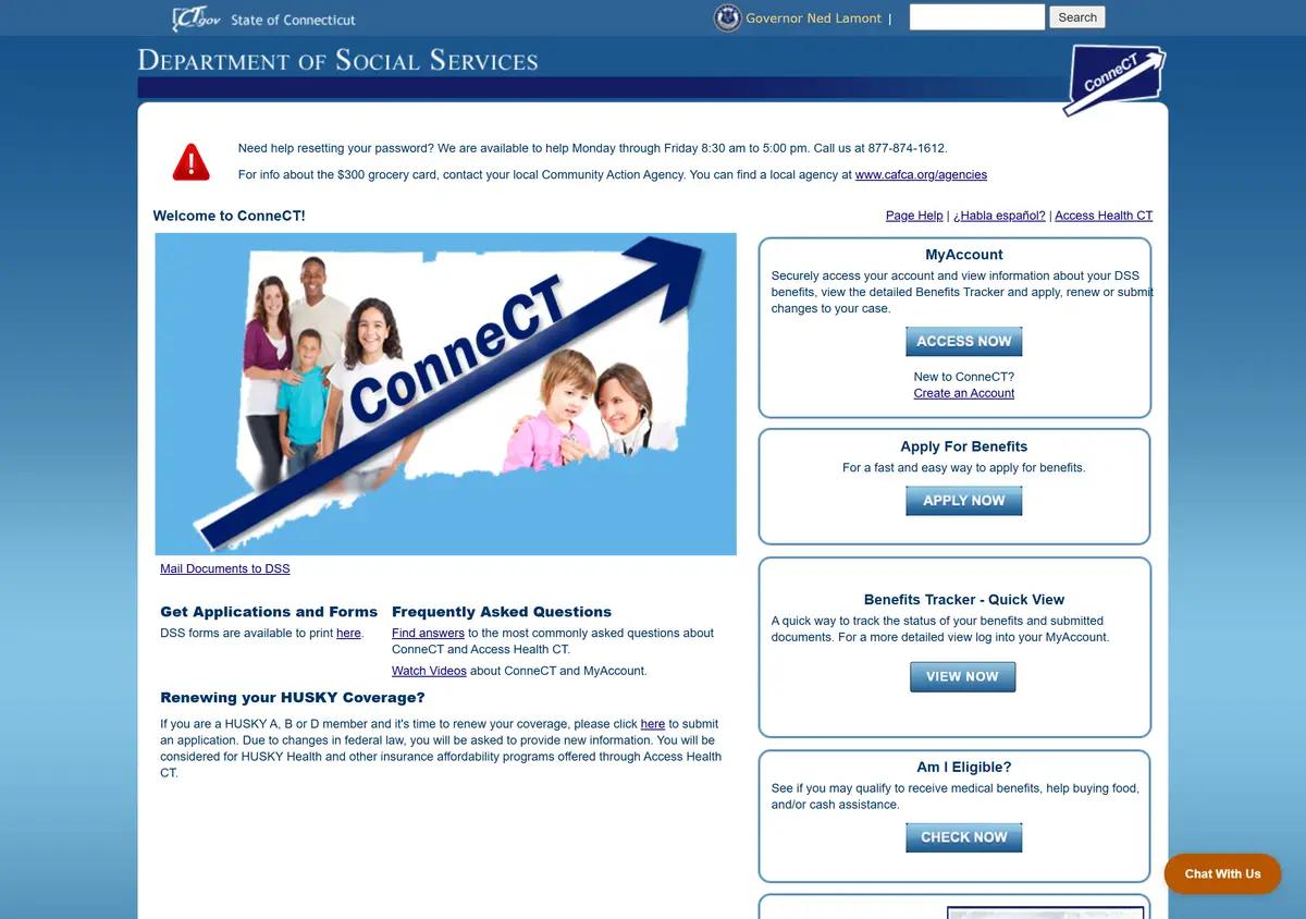 The Connecticut ConneCT benefits application portal.