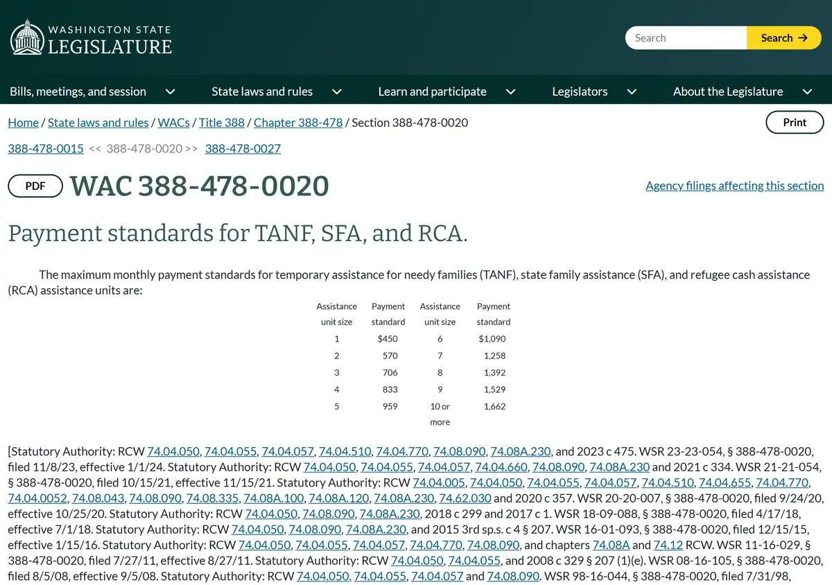 The state rule with the TANF payment standard table.
