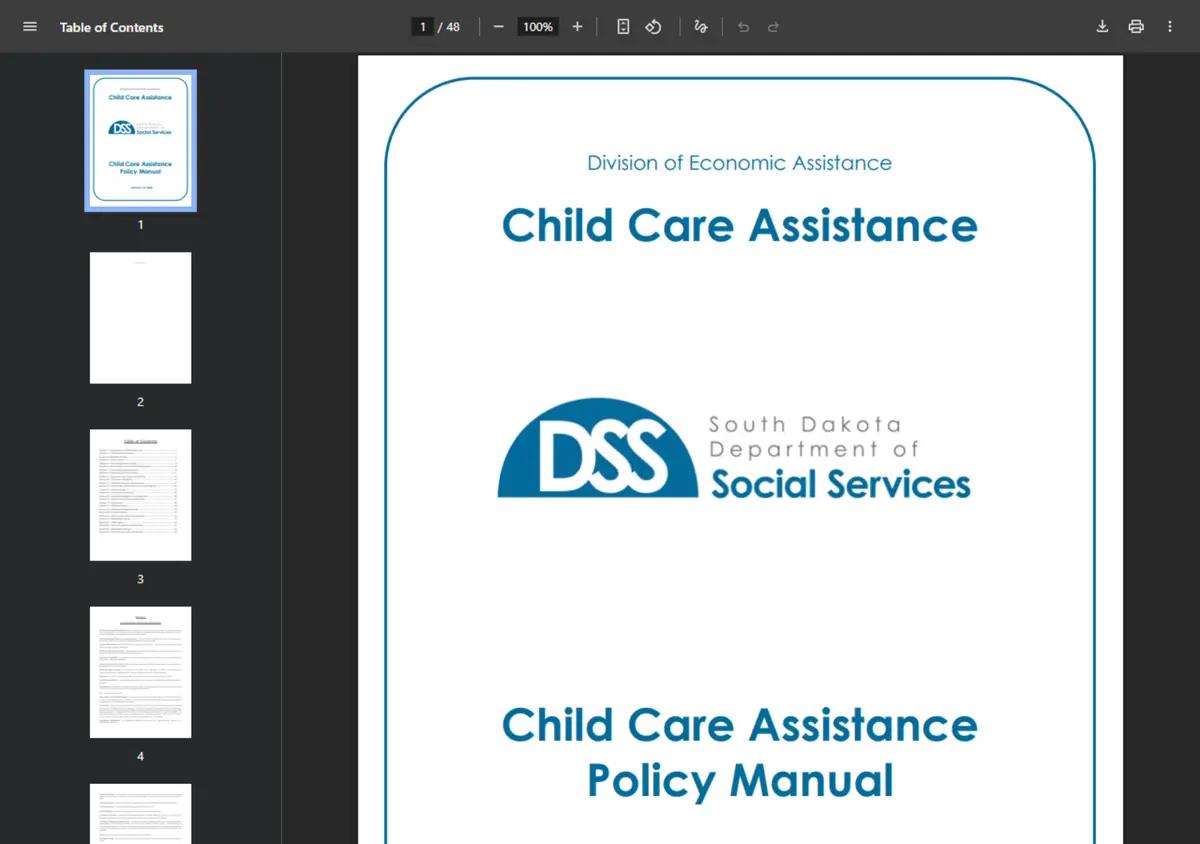 The South Dakota Child Care Assistance Subsidy Manual.