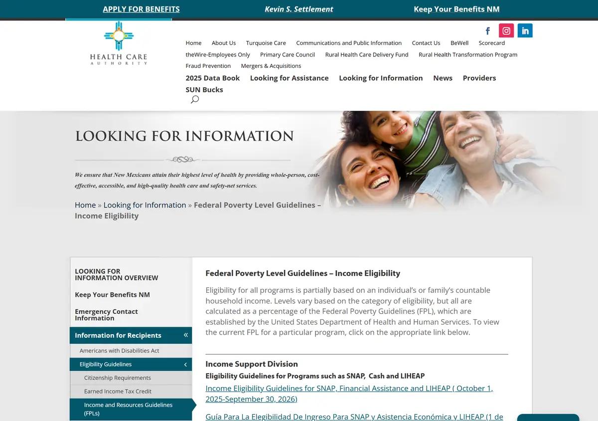 The New Mexico income eligibility and poverty level chart.