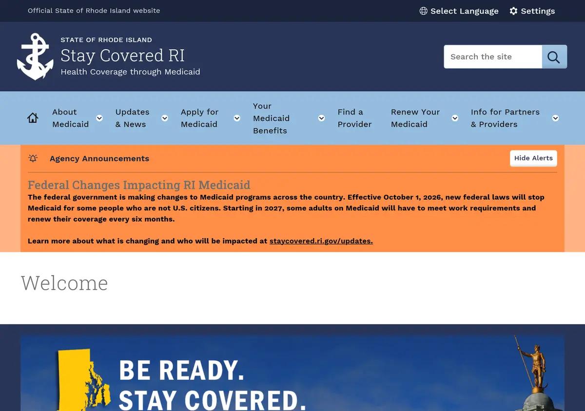 The Rhode Island Stay Covered Medicaid information page.