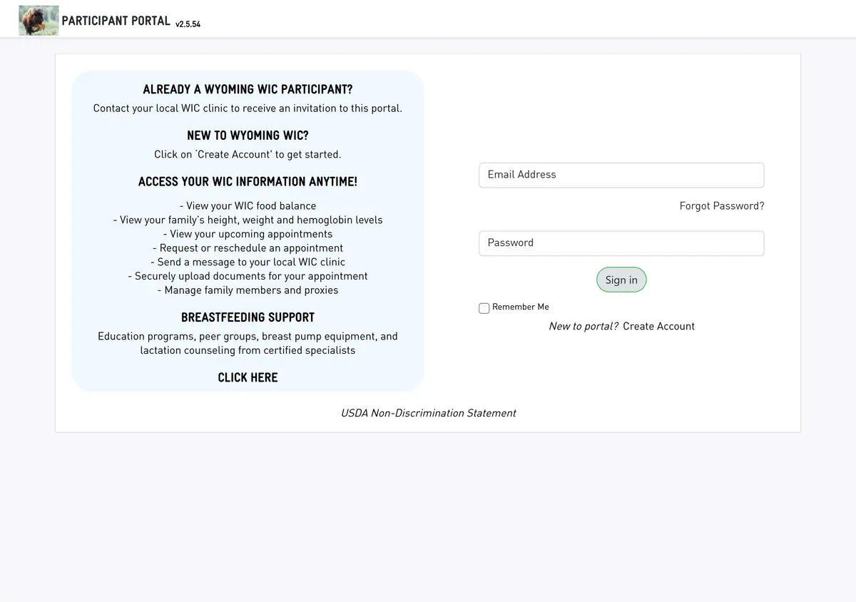 The Wyoming WIC Appointments participant portal.