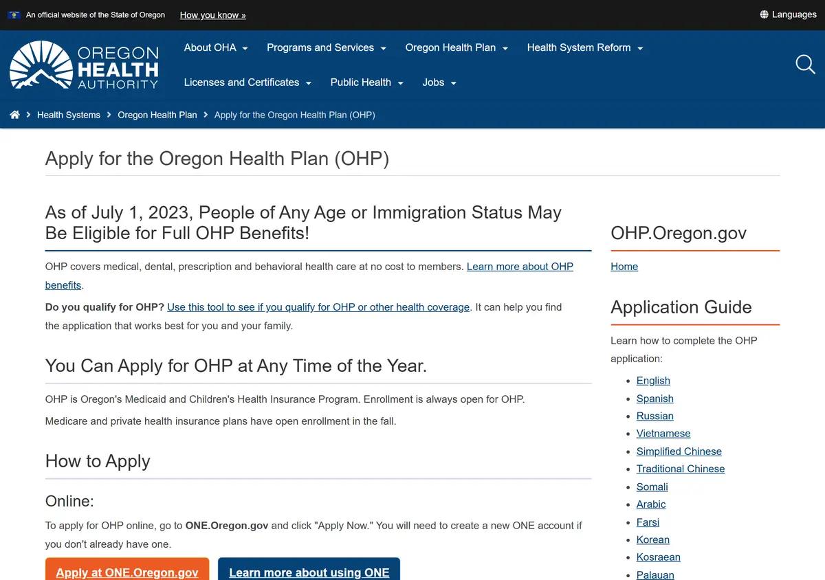 The Oregon Health Plan how-to-apply page.