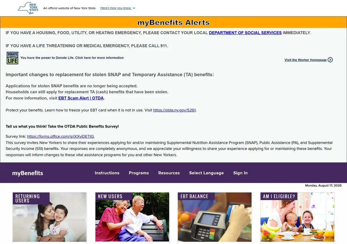 The myBenefits.ny.gov homepage, New York State's official benefits portal, showing the myBenefits alerts banner and sign-in options.
