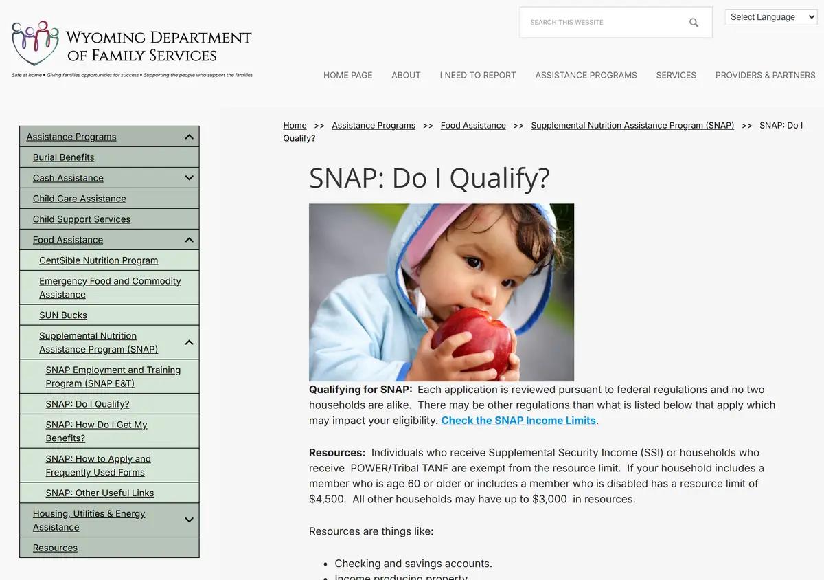 The Wyoming DFS SNAP eligibility page.