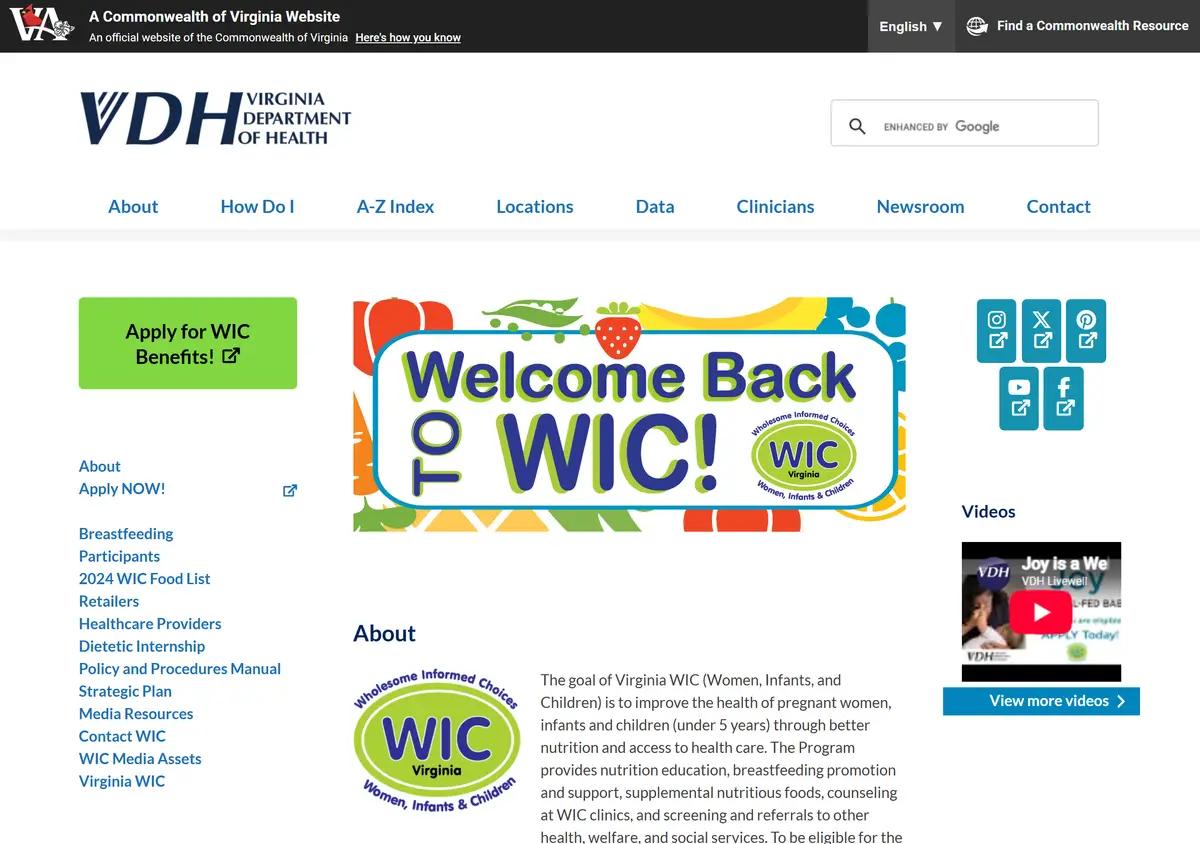 The Virginia Department of Health WIC homepage.