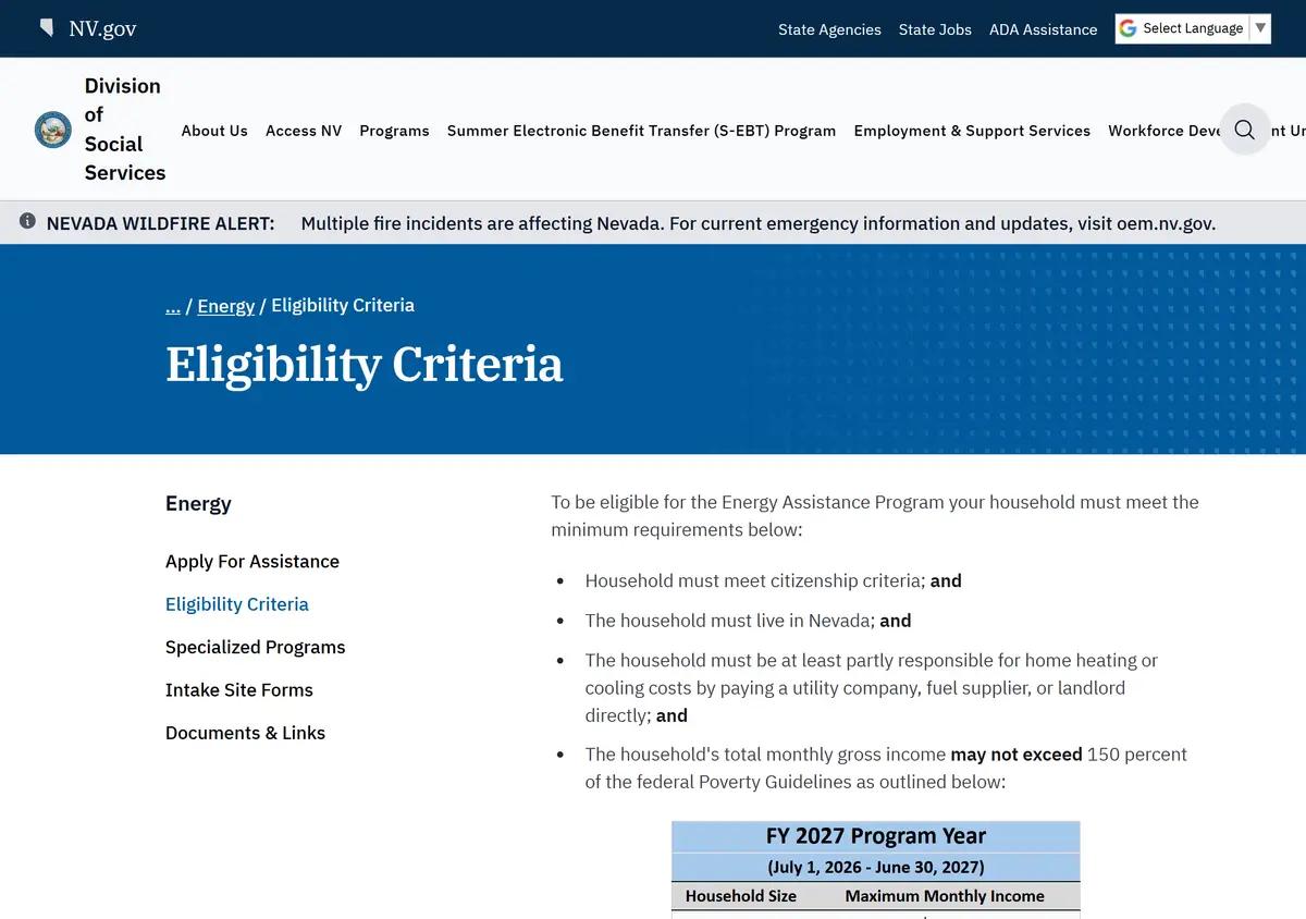 The Nevada Energy Assistance Program eligibility page.