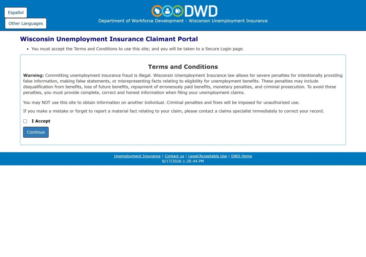 The Wisconsin unemployment online portal.