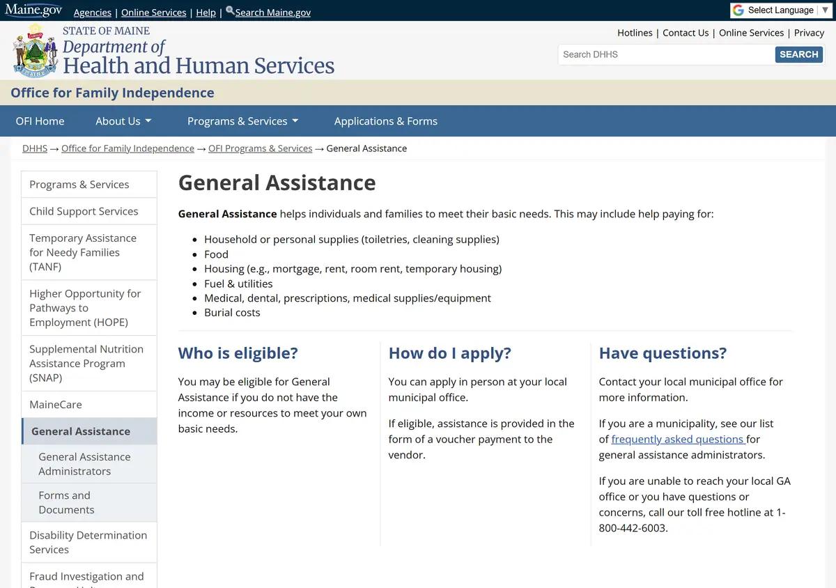 Maine's General Assistance program page.