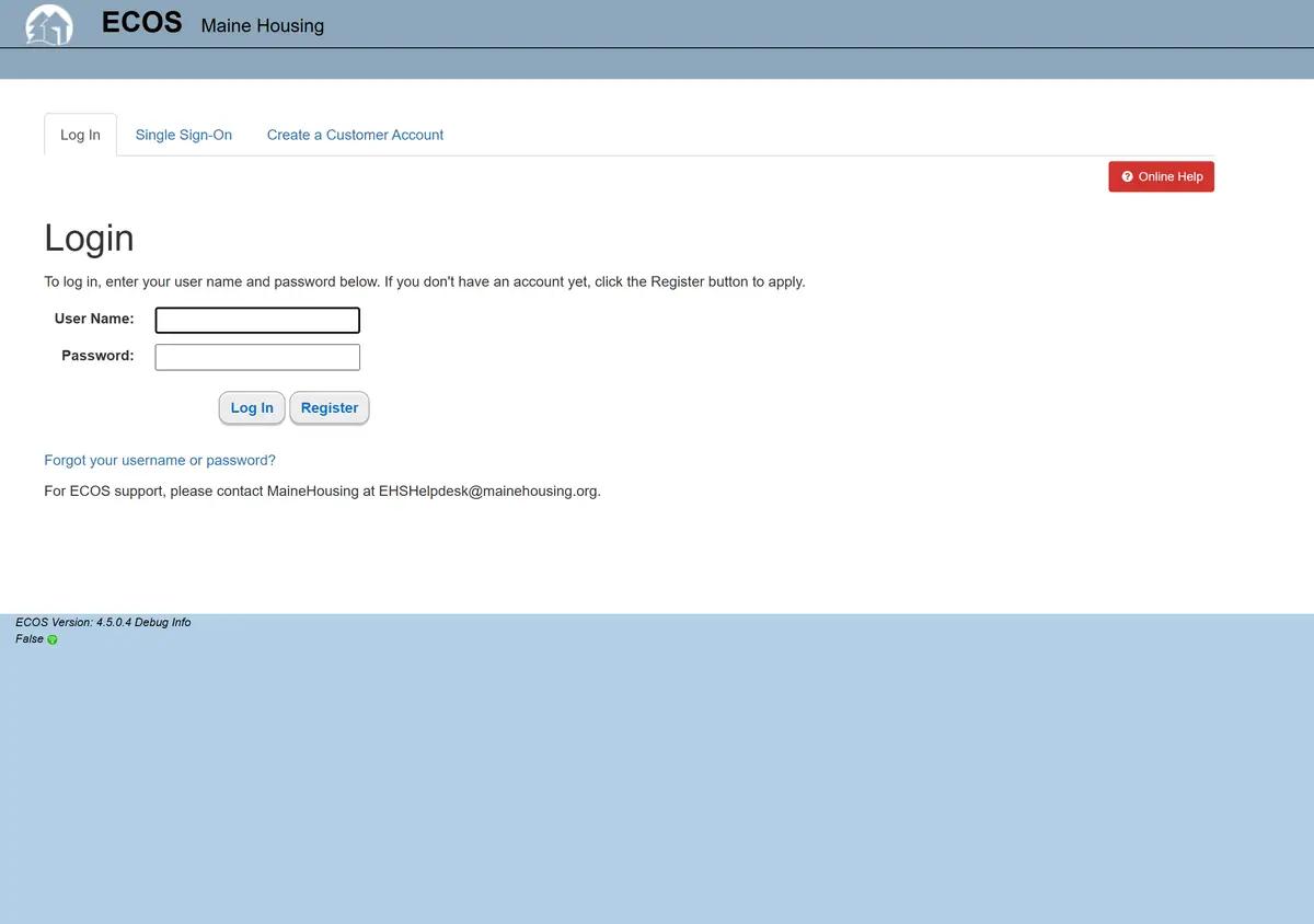 The MaineHousing ECOS online application portal.