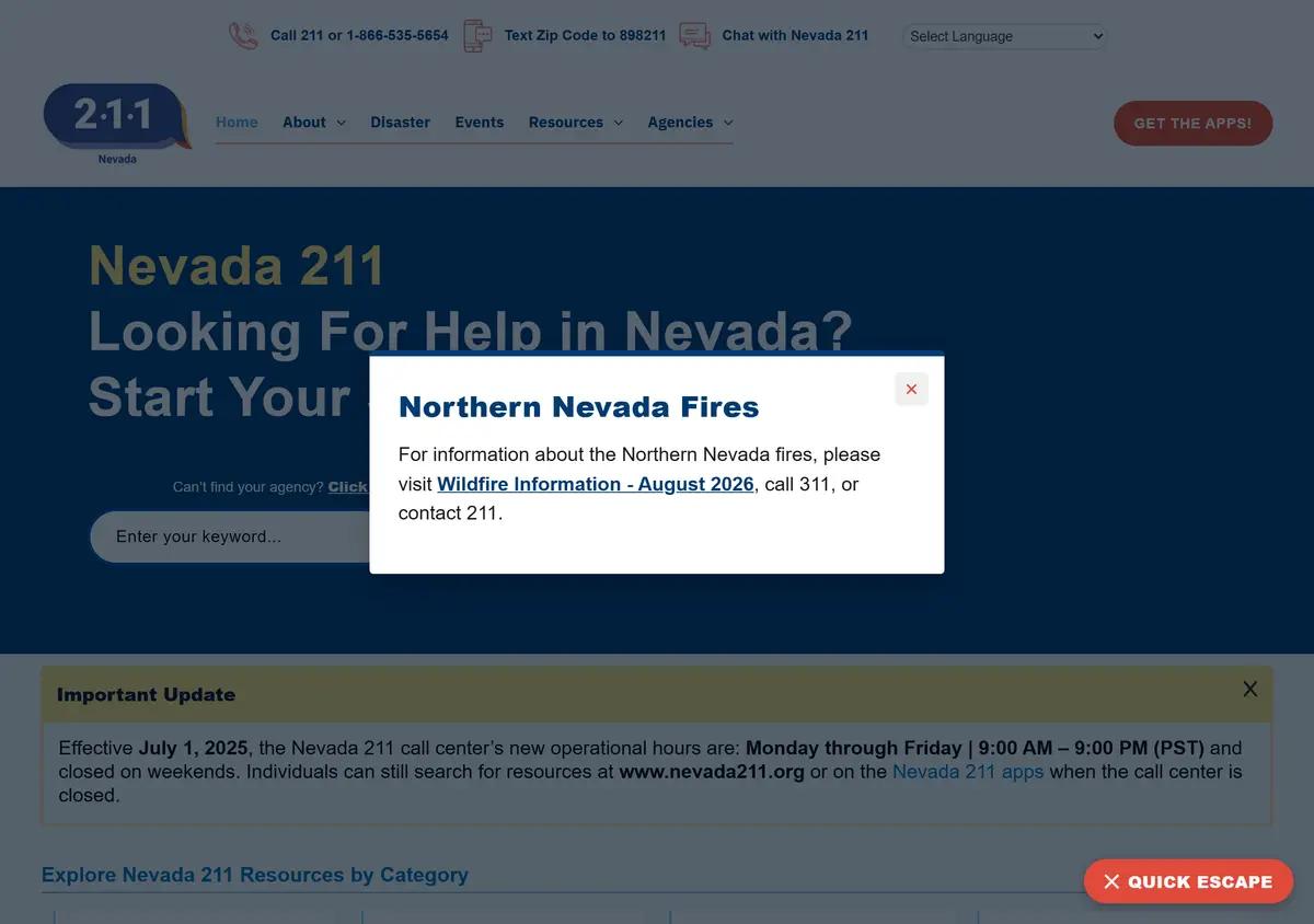The Nevada 211 homepage.