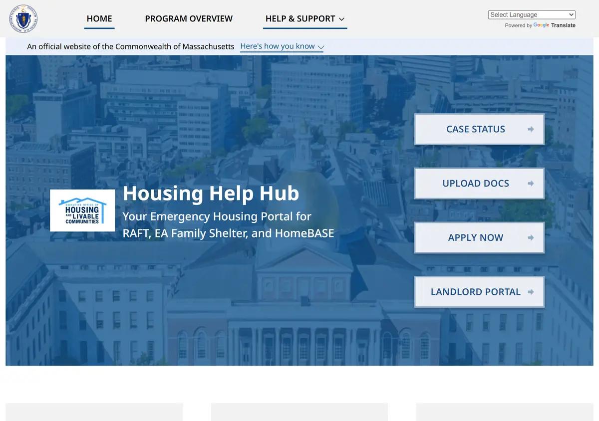 The Massachusetts Housing Help Hub application portal.