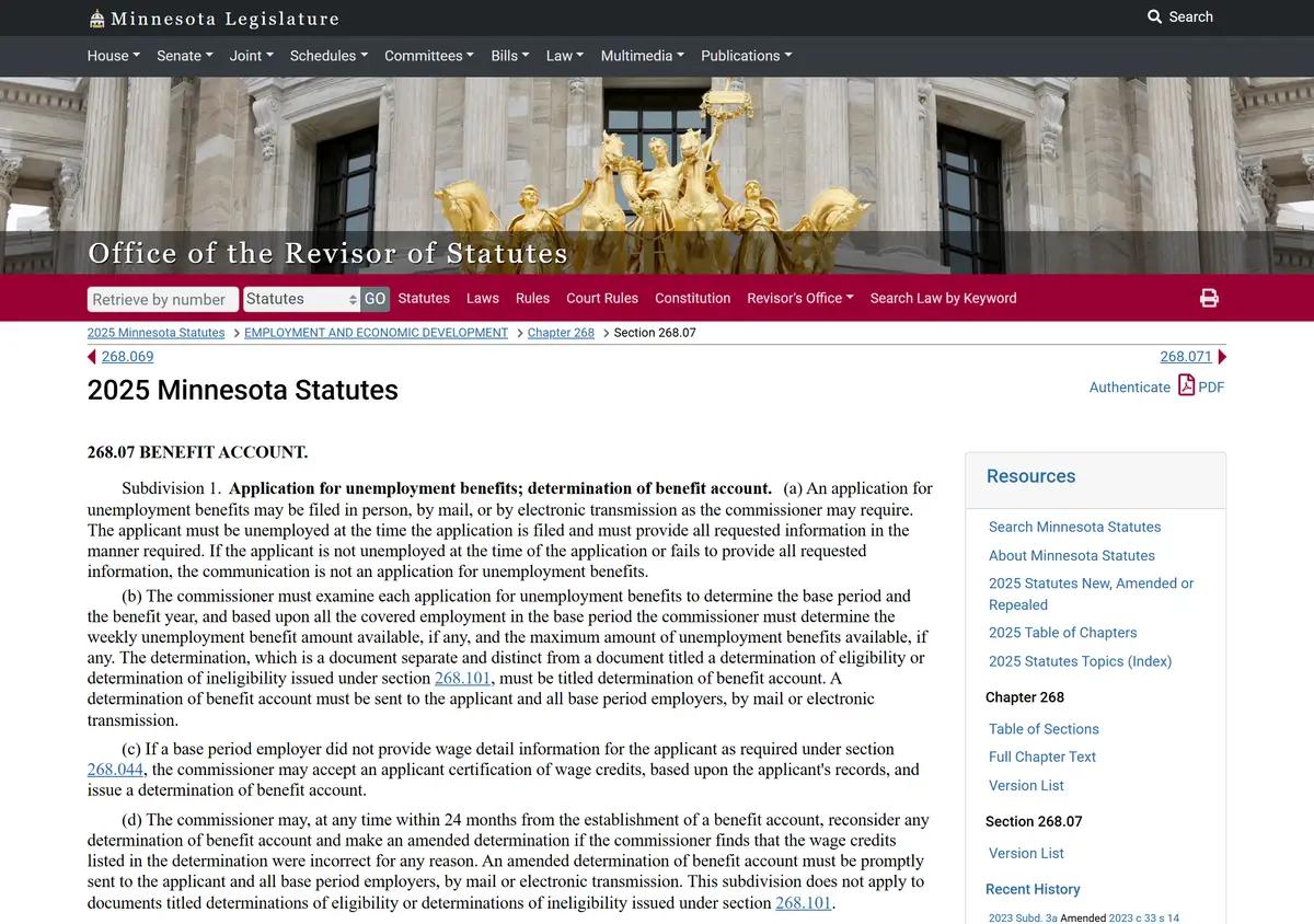 Minnesota Statutes section 268.07 on unemployment benefit accounts.
