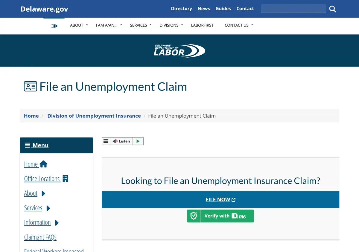 The Delaware file-an-unemployment-claim page.