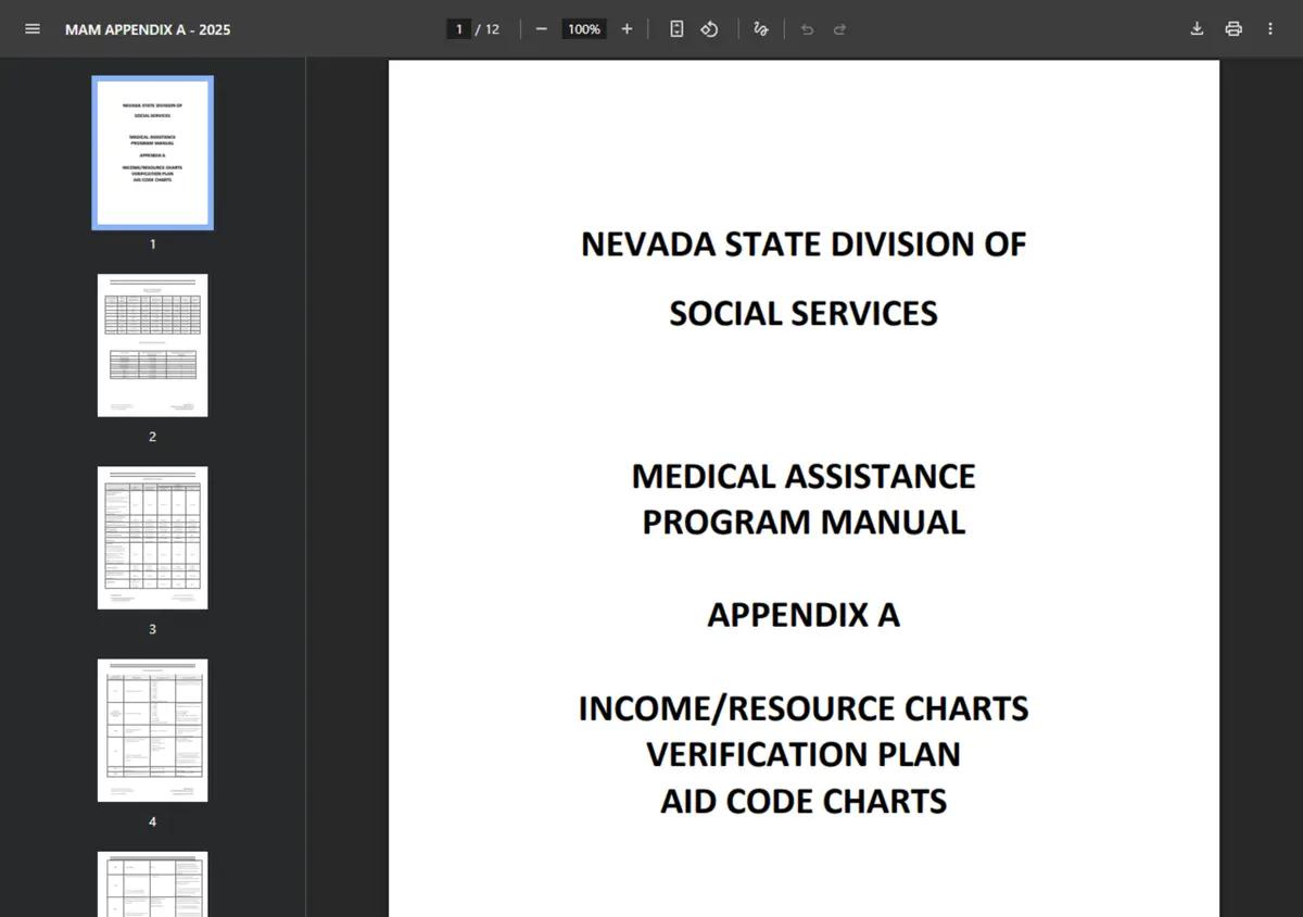 The Nevada Medicaid income chart based on the poverty level.