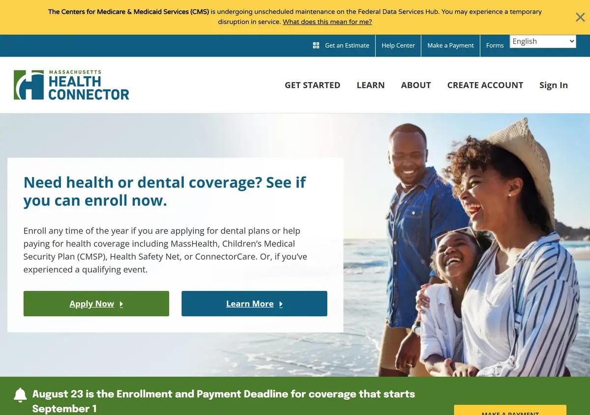 The Massachusetts Health Connector homepage.