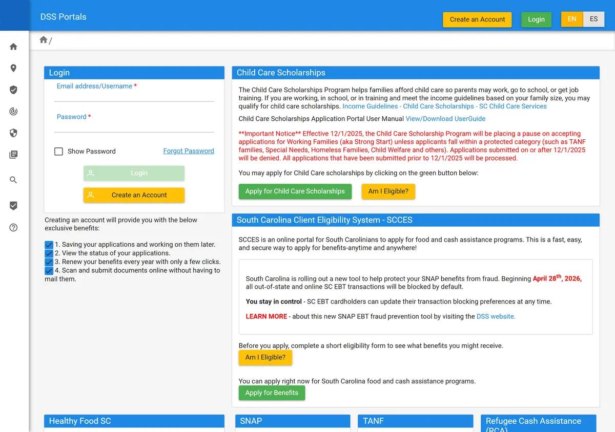 The South Carolina DSS Benefits Portal login.